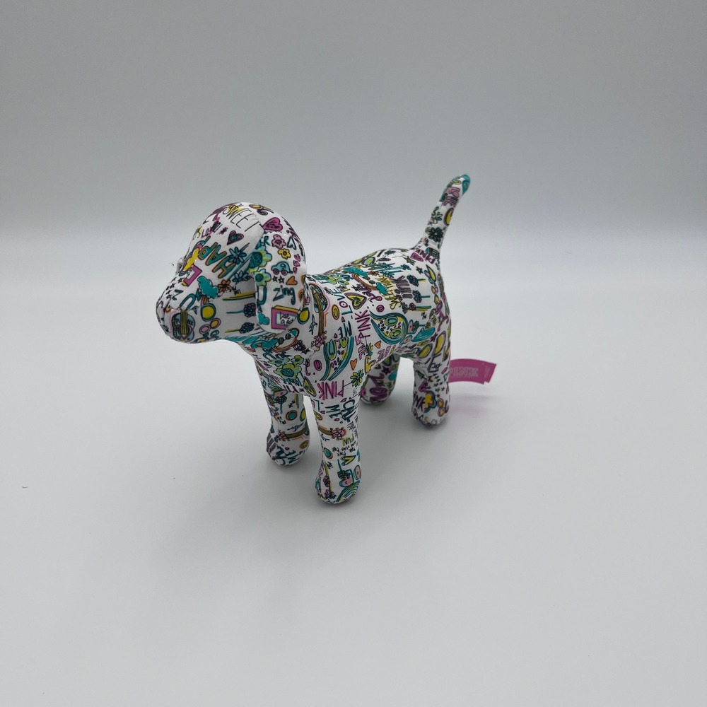 Victorias Secret PINK Dog Plush White Multicolor Doodle Graffiti Print Mascot